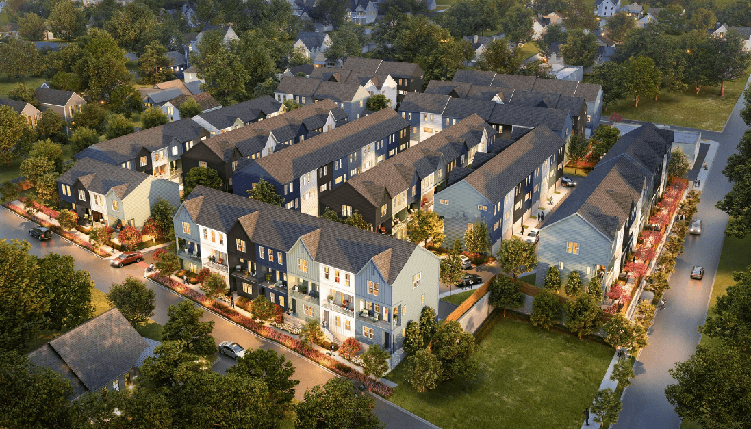 Empire Rental Living at Metro is a three-story townhouse community featuring private balconies and garages.