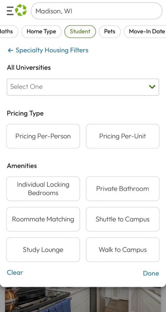 Student filters on Apartments.com
