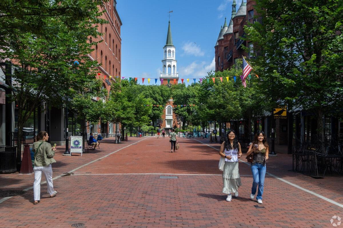 The steeple of the First Unitarian Universalist Society of Burlington sits at the end of Church Street Marketplace in Downtown Burlington.