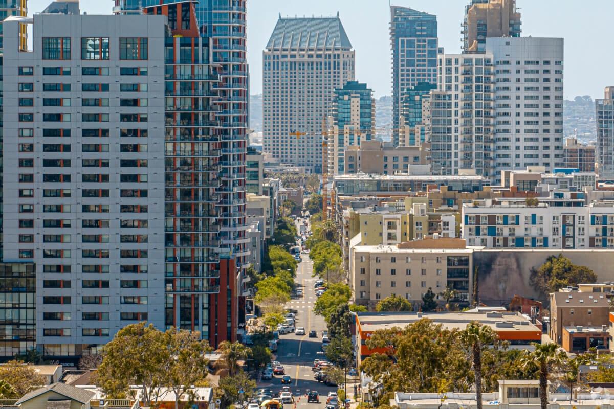 The city skyline from San Diego's East Village neighborhood.
