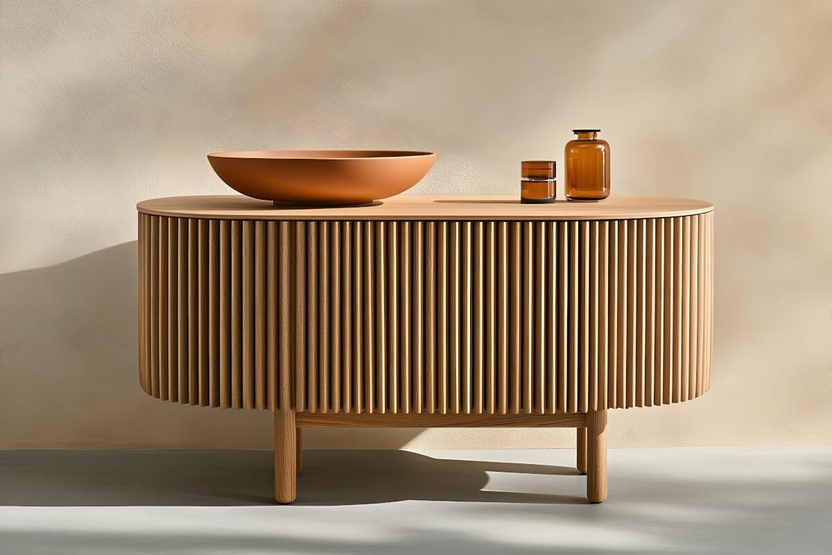 A decorative bowl and glass bottles sit on a wood fluted cabinet.