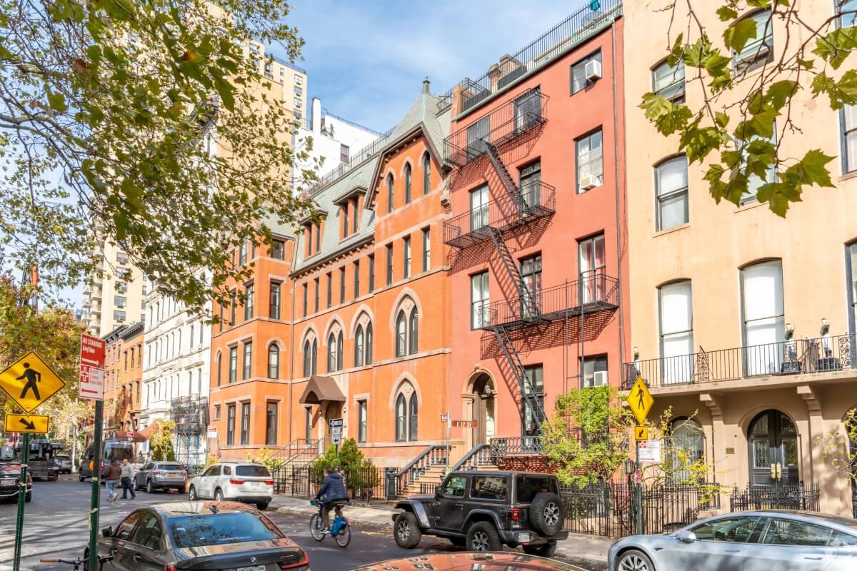 Street of apartment buildings.