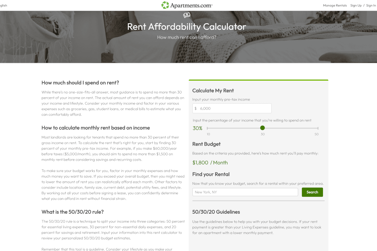 Screenshot of Apartments.com rent calculator.