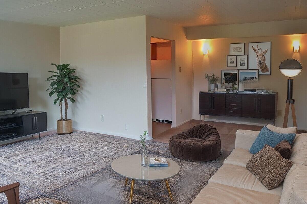 A cozy living room at Hilltop Parkview Apartments features a comfy suede couch and a large floral rug.