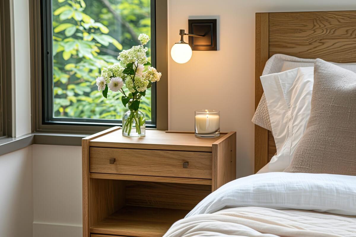 A stick-on wall sconce hangs by a bed in an apartment.
