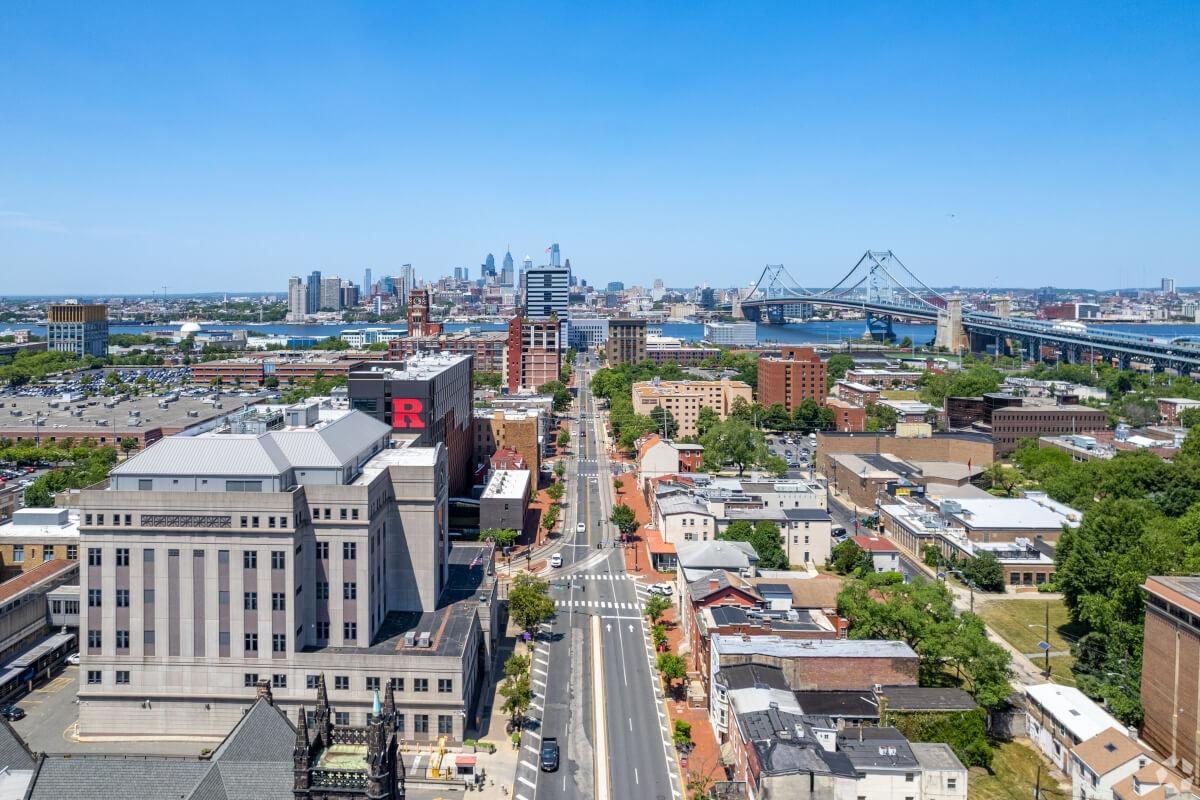 An aerial view of Camden and the Ben Franklin Bridge leading to Philadelphia.