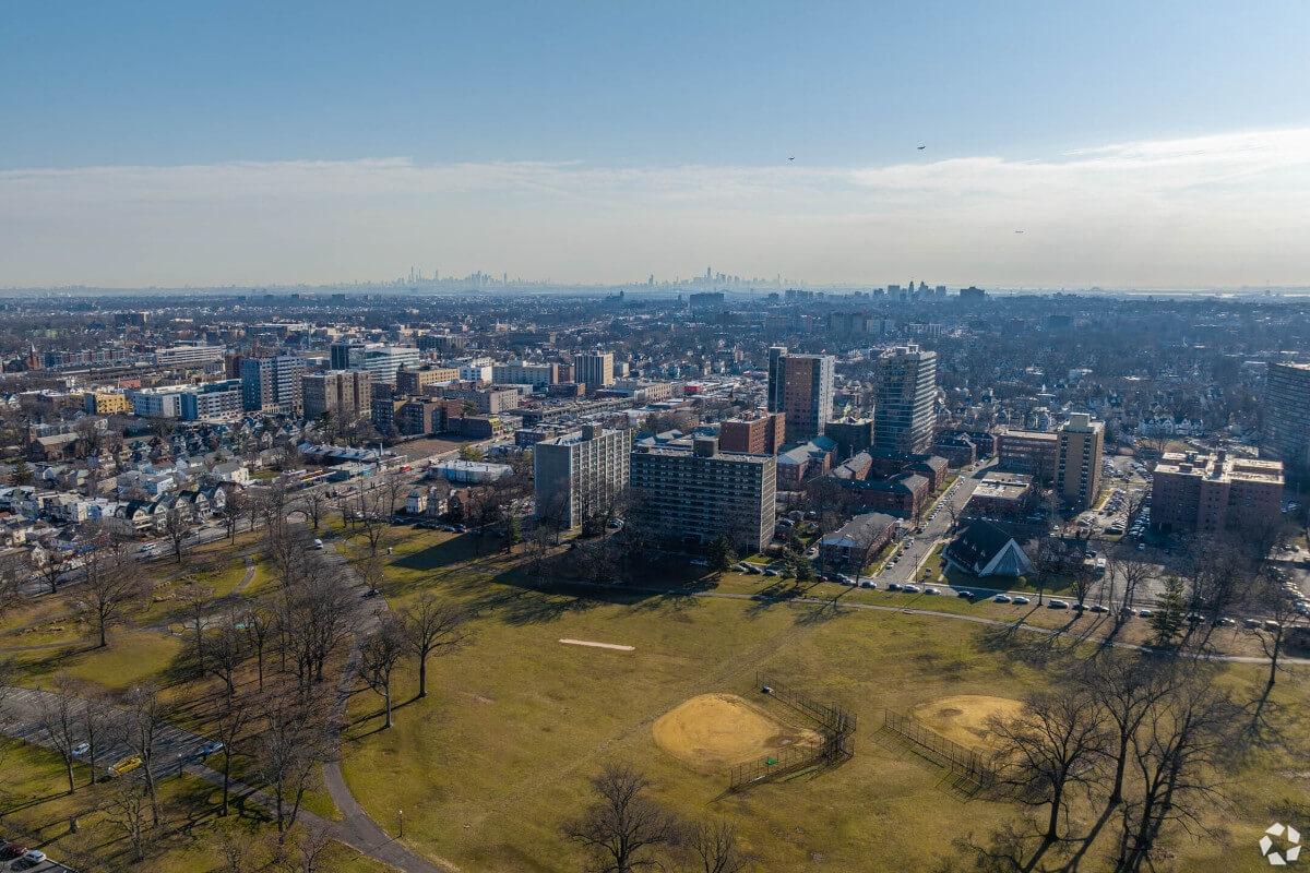 Aerial view of Monte Irvin Orange Park and the city of East Orange with the Manhattan skyline in the distance.