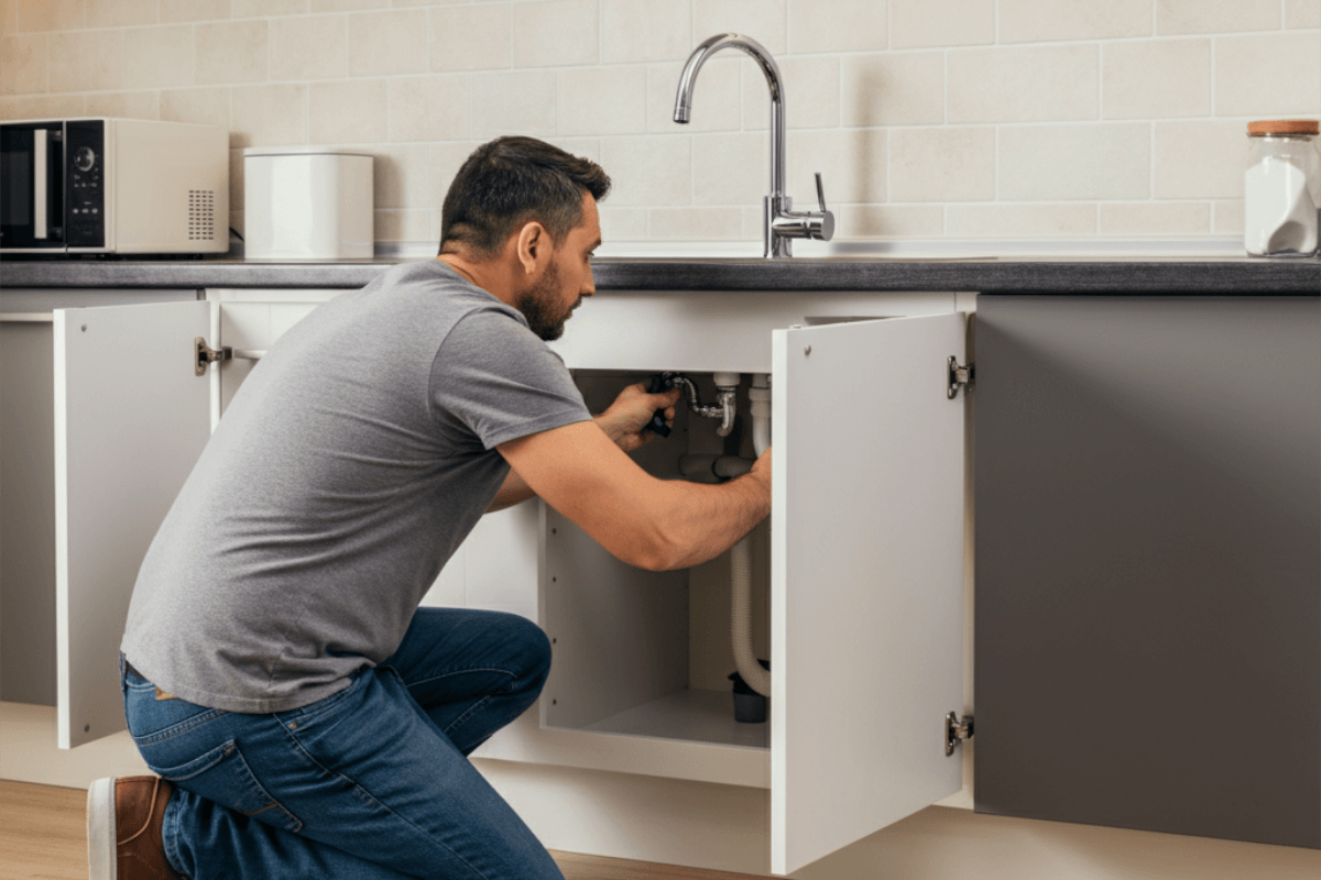 A landlord looks for leaks under the kitchen sink.