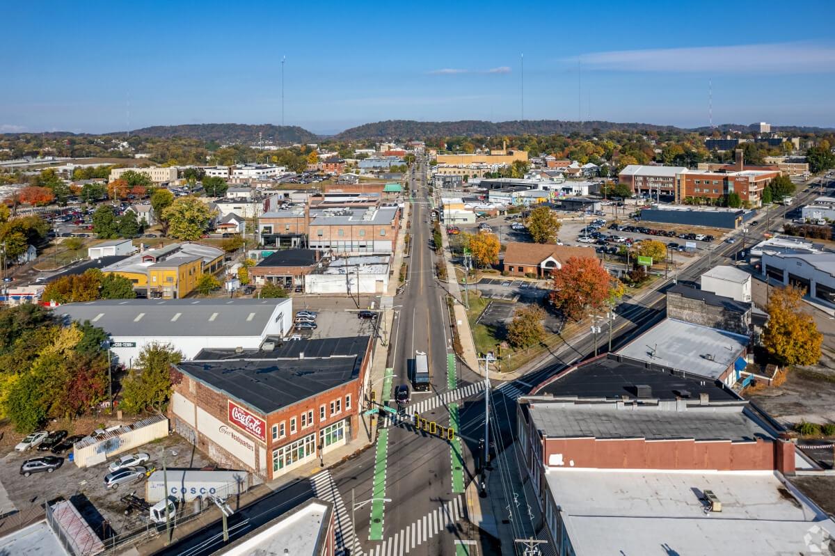 Aerial view of the Uptown Neighborhood in Knoxville, TN