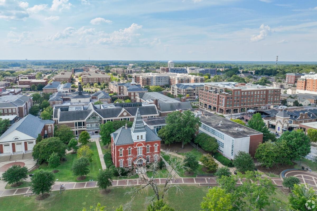 An aerial view of Auburn, AL, shows the Auburn university campus.