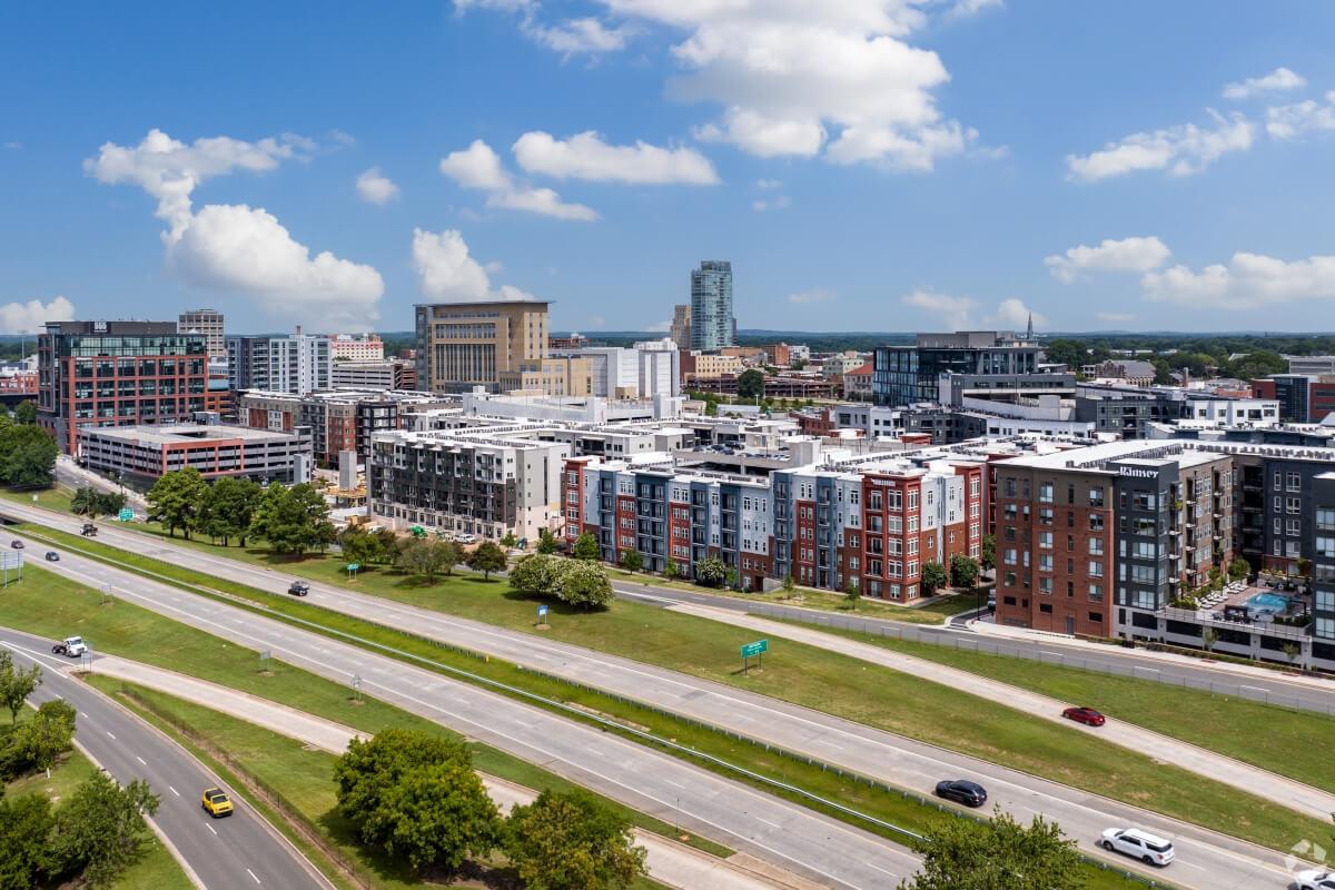 The American Tobacco District in Durham, NC, has a mix of modern apartment communities and skyscraper buildings.