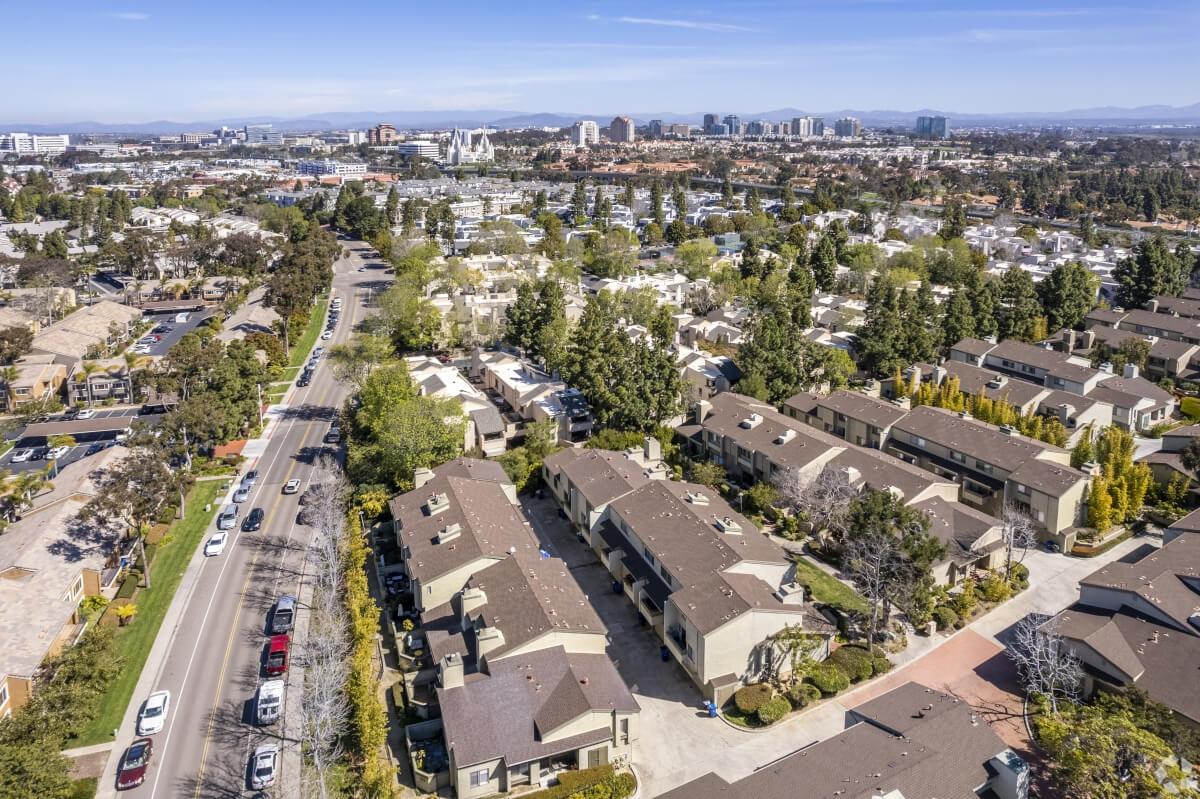 Drone shot of apartment and houses in the La Jolla Village neighborhood.