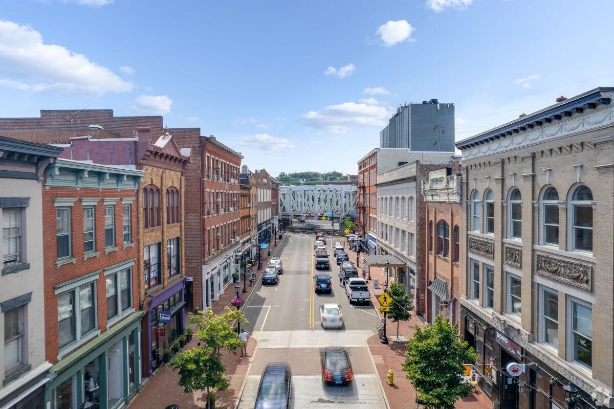 Cars passing through Downtown Norwalk.