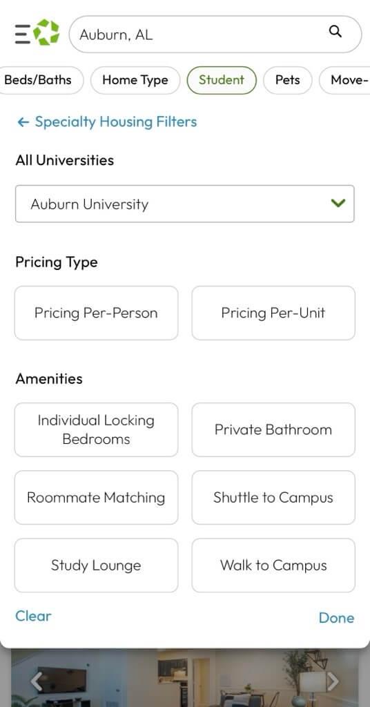 Apartments.com student search filters