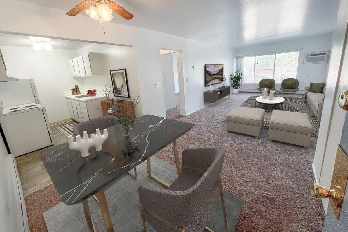 Units at the Top of the Drive Apartments in West Side Detroit have carpet in the living area and bedrooms and vinyl flooring in the kitchen.