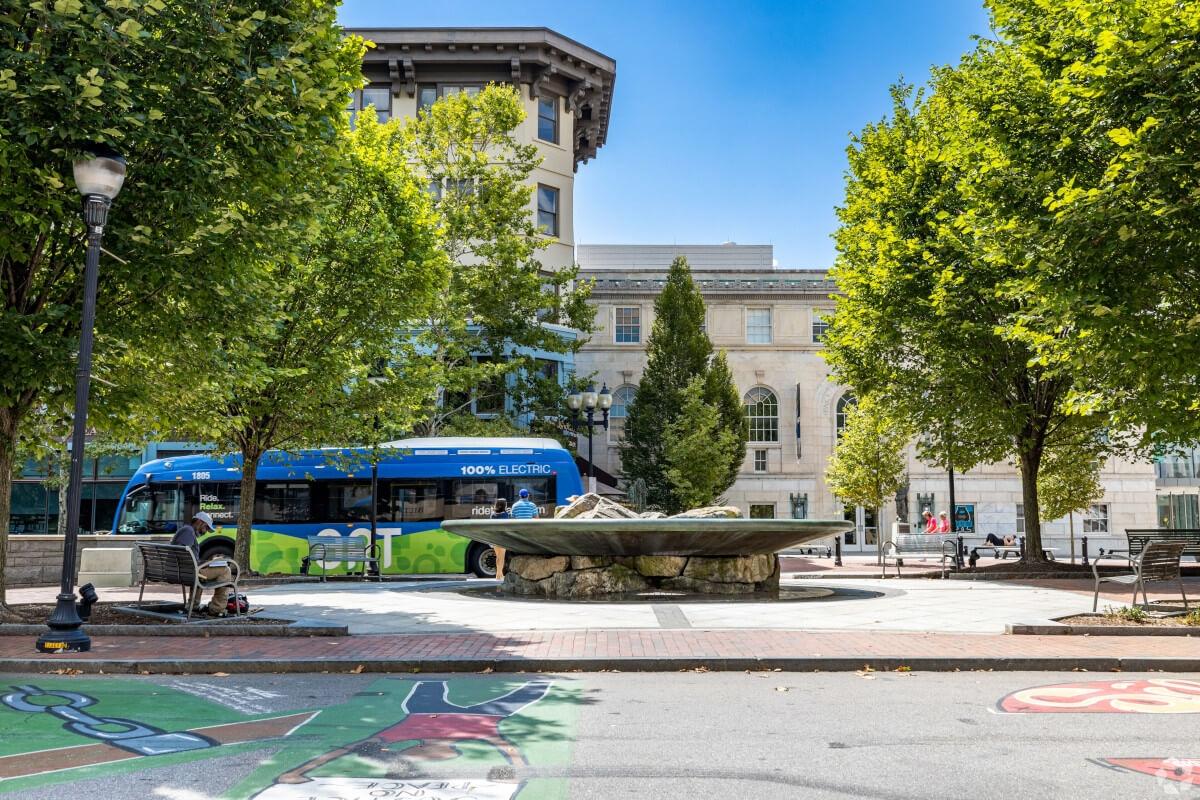 A fountain in the middle of Pack Square in Downtown Asheville.