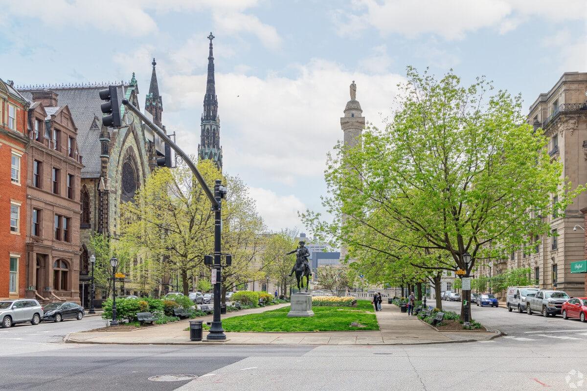 A statue of Colonel John Eager Howard is in the middle of Mount Vernon Place in Baltimore.