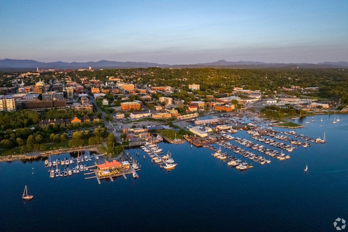 An aerial view of Burlington, Vermont, from over Lake Champlain.