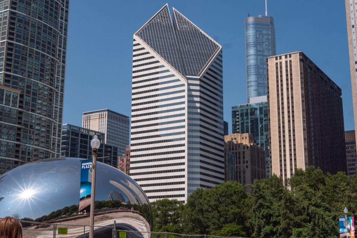 A close up of The Bean at Grainger Plaza.