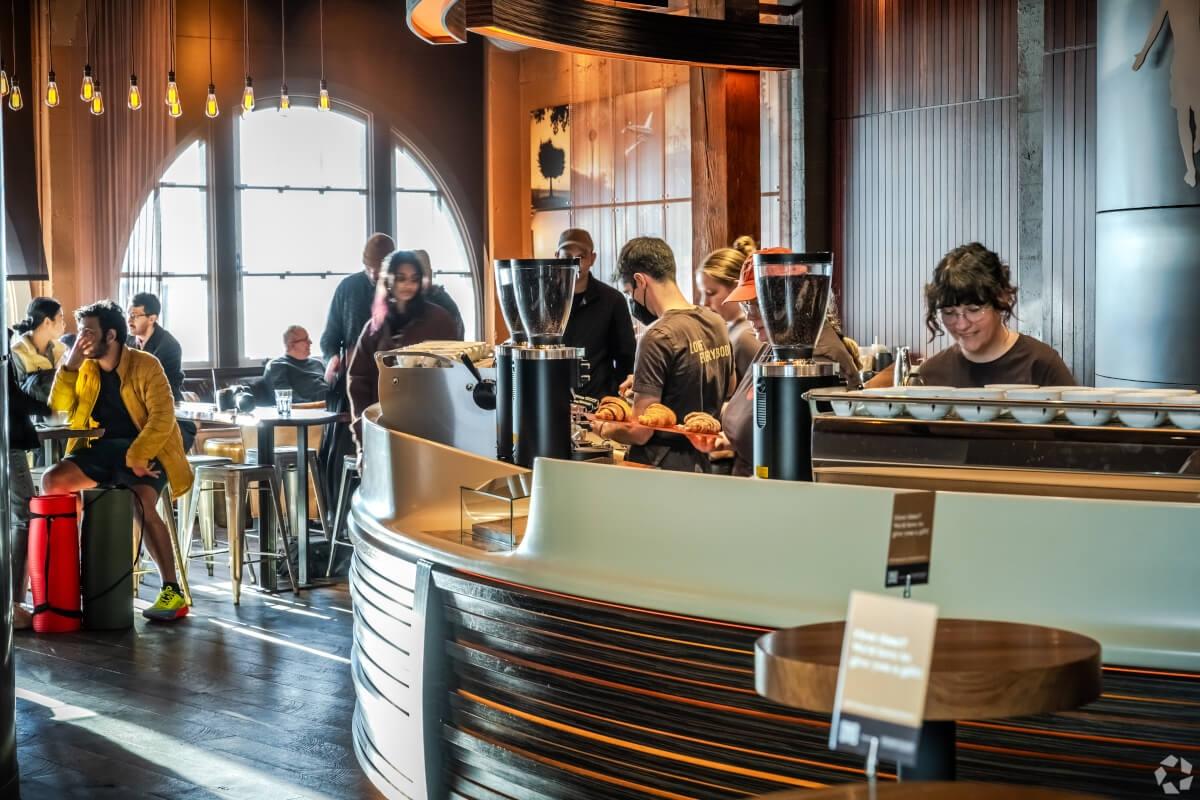 The original Starbucks store in Pike Place Market has upgraded its interior while maintaining its original exterior.