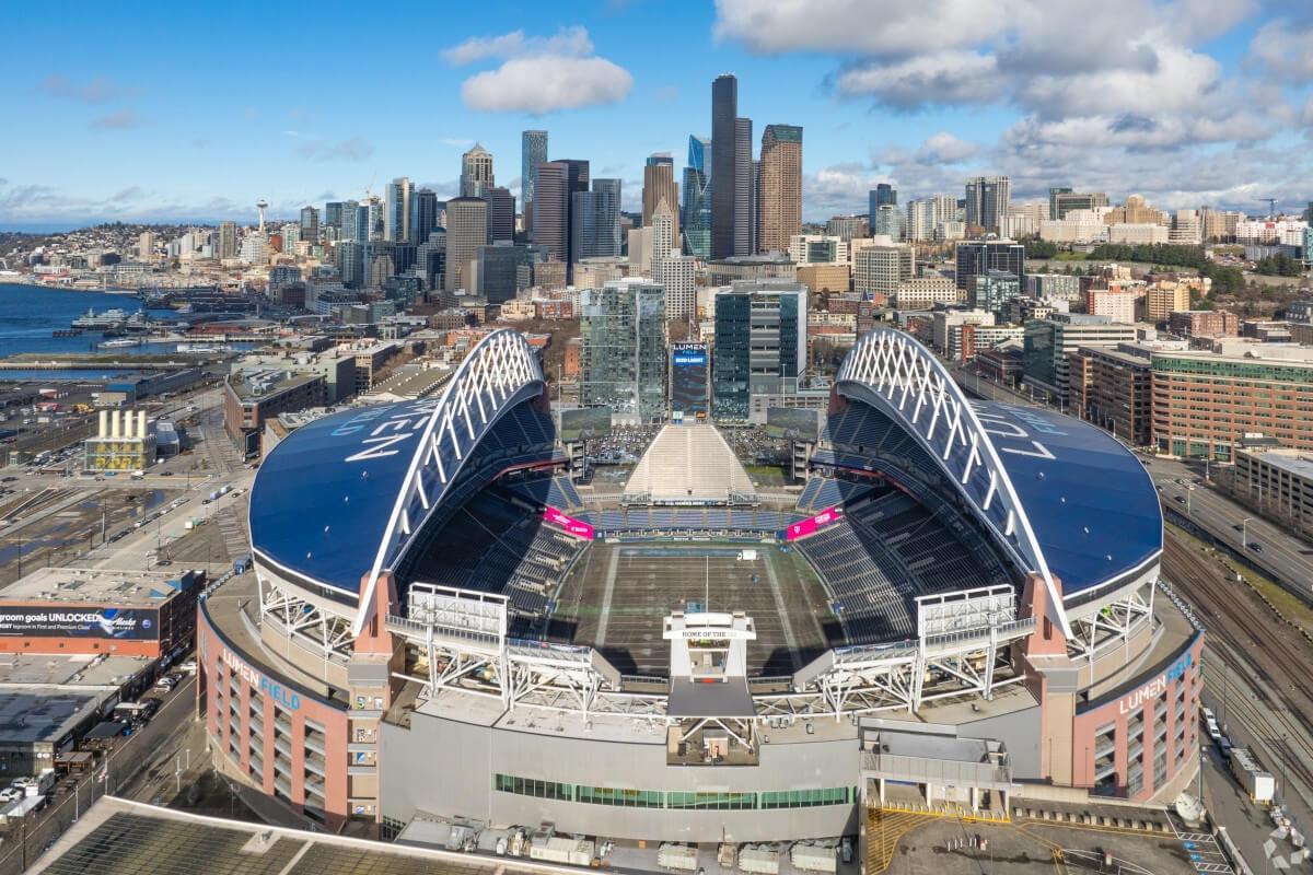 An aerial view of Lumen Field in the Pioneer Square neighborhood.