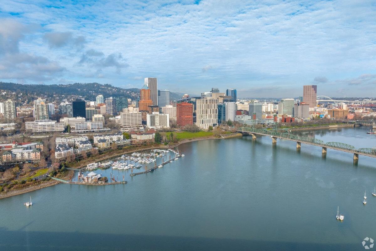 An aerial view of Portland, Oregon, from over the Willamette River.