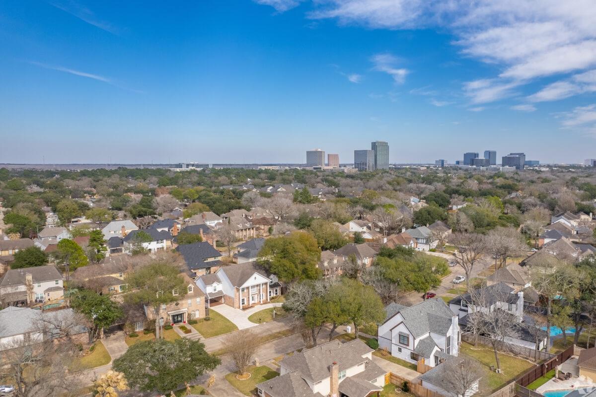 An aerial view of a residential neighborhood in Houston.
