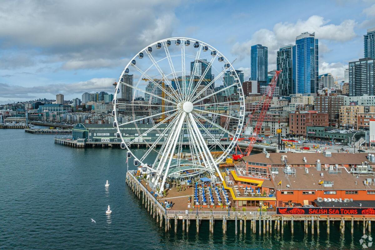 The Seattle Great Wheel at Pier 57 is a 175-foot Ferris wheel offering panoramic views of Seattle.