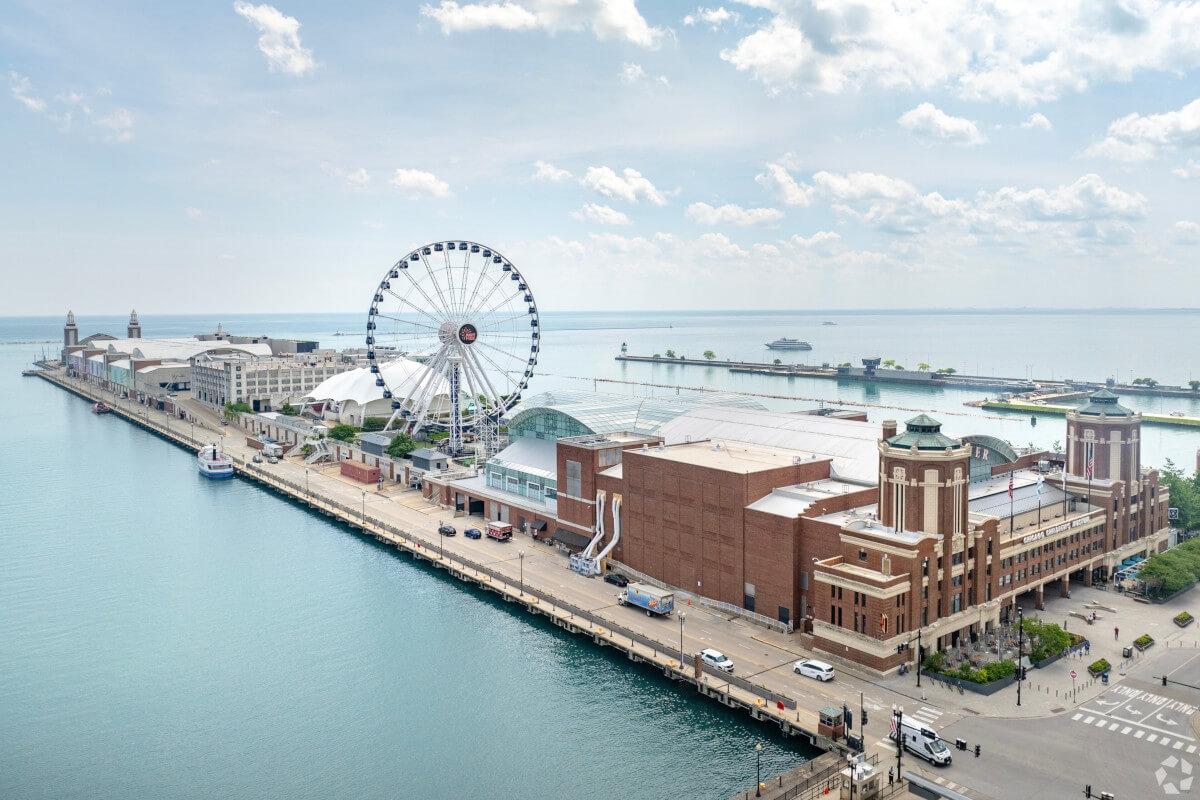 An aerial view of Navy Pier, a lakefront amusement park in Chicago.