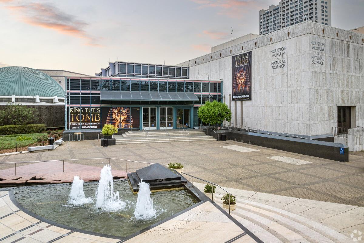 Banners advertising the King Tut's Tomb exhibition hang at the Houston Museum of Natural Science.