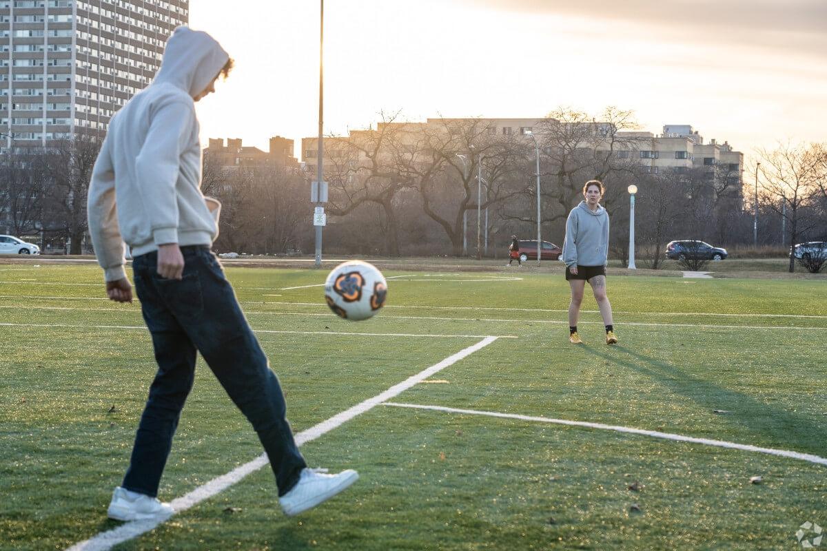 People play soccer in Edgewater.