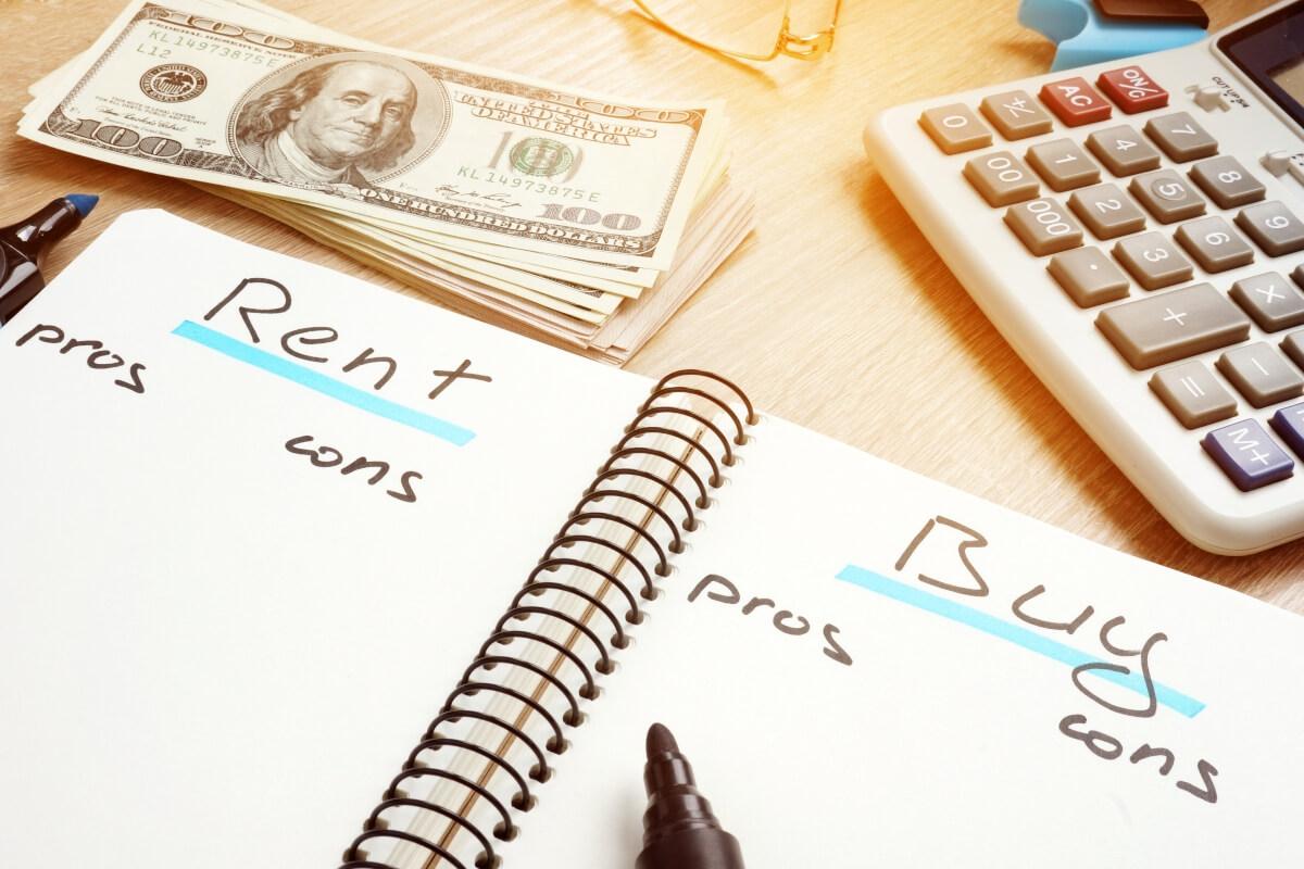 A note book with rent and buy written on pages with pros and cons under each.