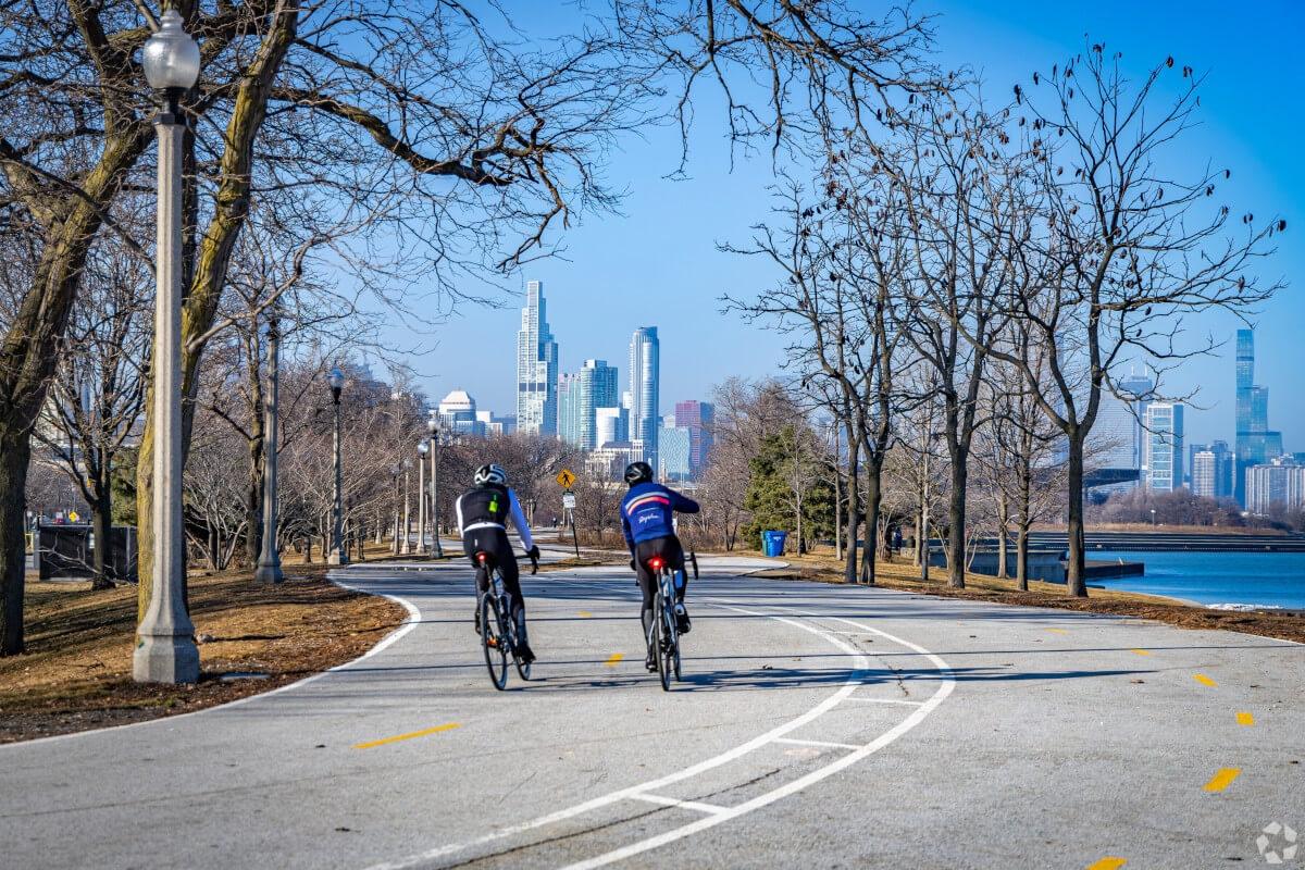 Pedestrians bike on the trail in South Loop, Chicago