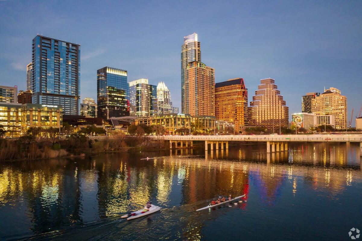 A nighttime view of Downtown Austin from the Colorado River.