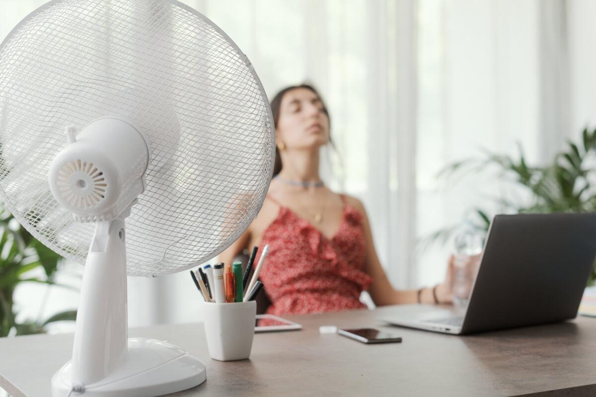 Renter taking advantage of their desk fan in the heat.