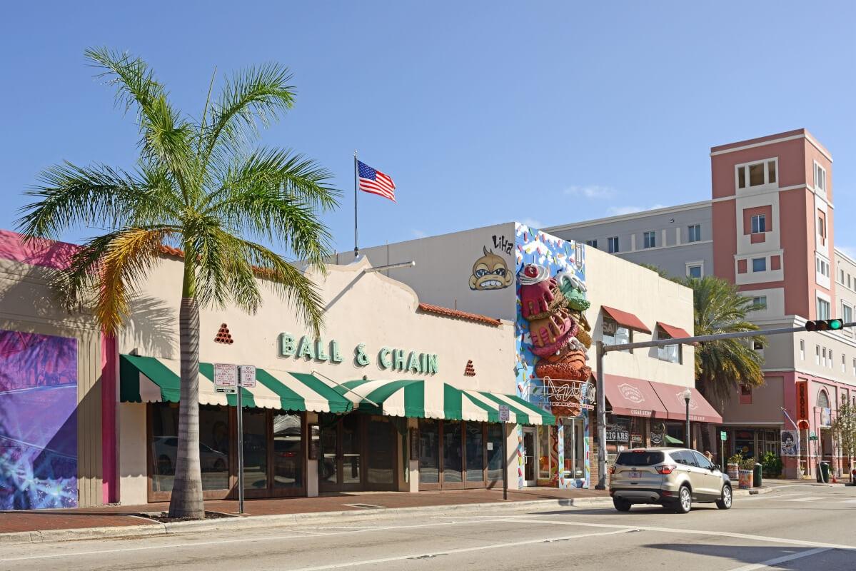 A street of businesses in Little Havana in Miami, FL