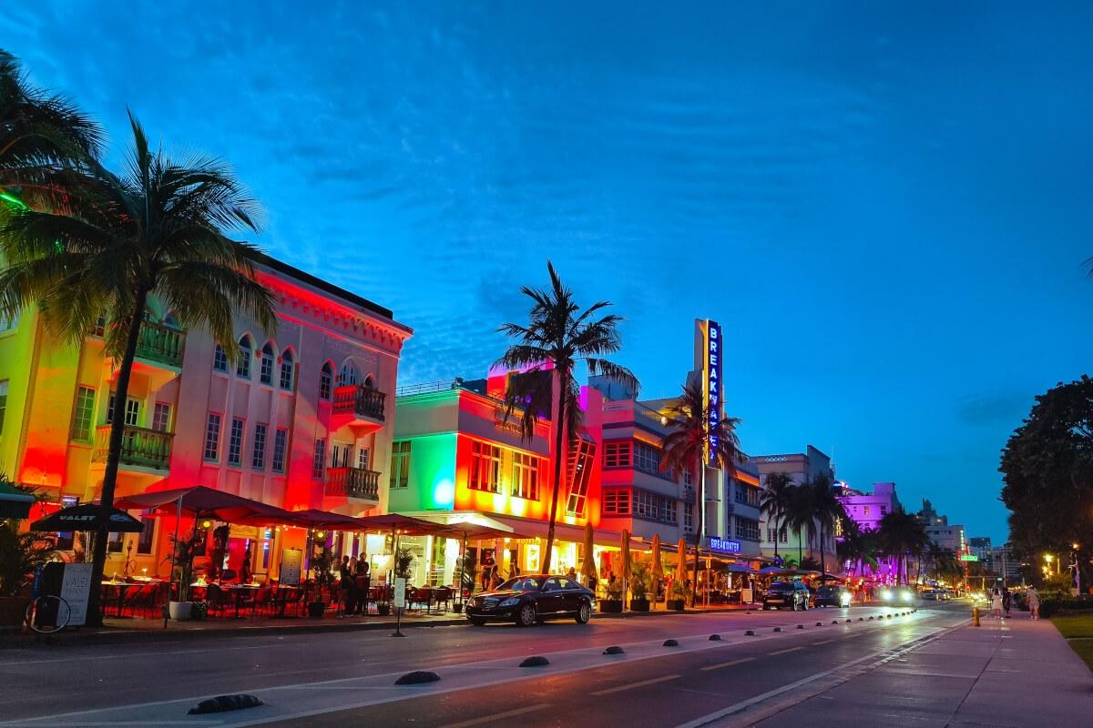 Bright colorful lights in Miami at Night
