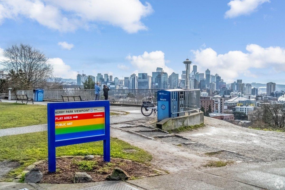 Panoramic view of downtown Seattle skyline with the Space Needle and modern high-rise buildings, seen on a clear day across Elliott Bay toward West Seattle