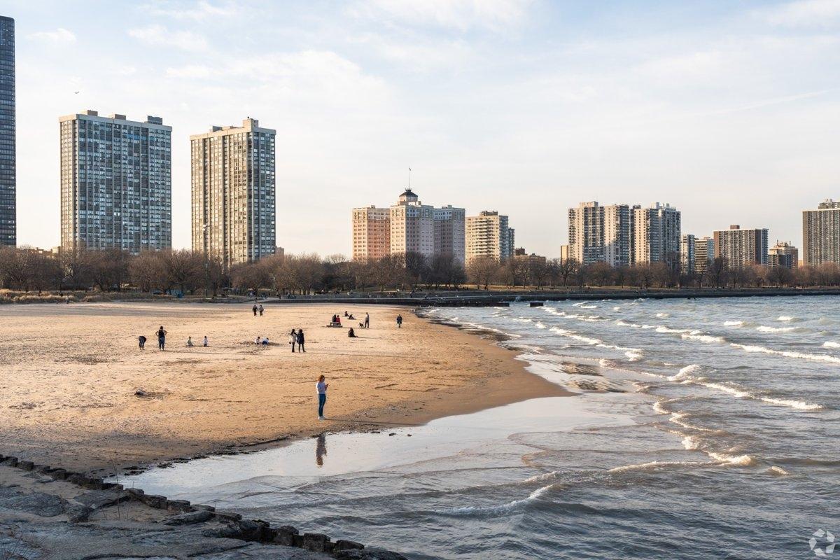 A curving sandy beach with calm water in the foreground and lakeside apartment buildings lining the shore in Lakeview.