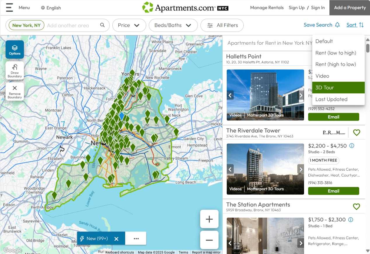 A screenshot of the New York City map on Apartments.com shows results filtered by listings with 3D tours.