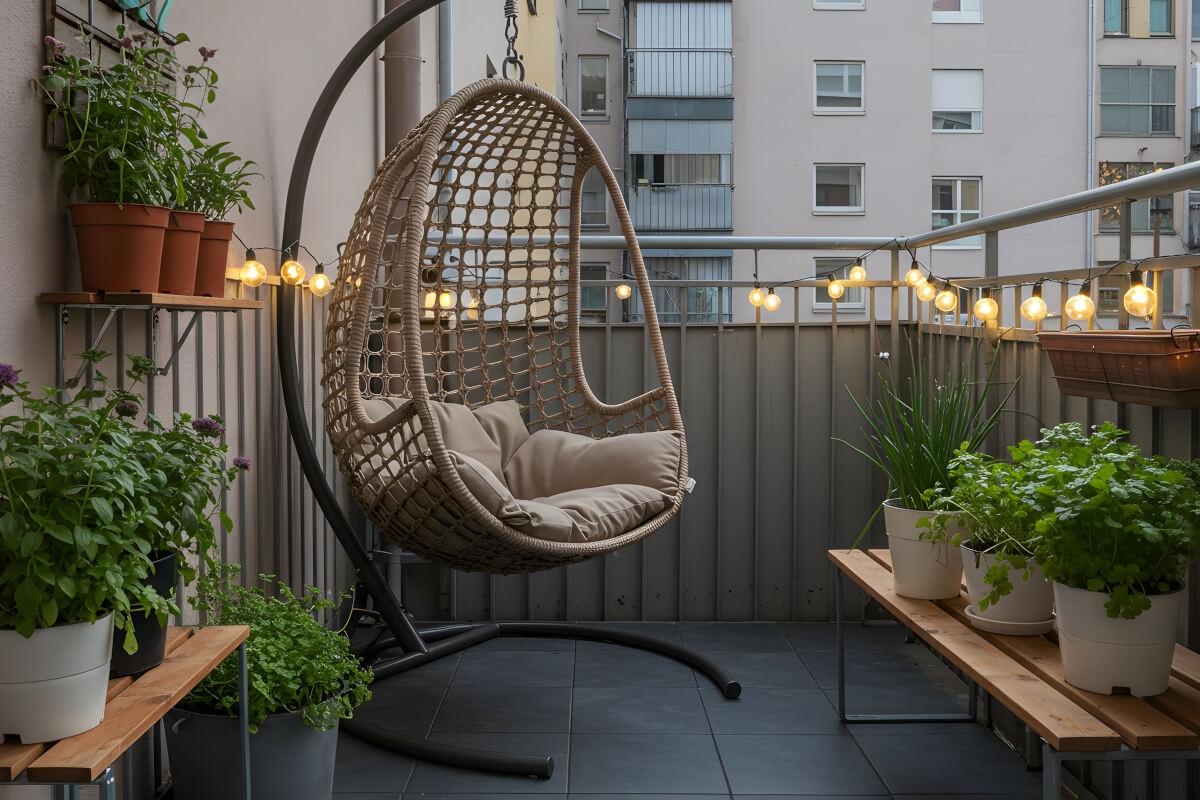 A rattan egg chair on a balcony is surrounded by plants.