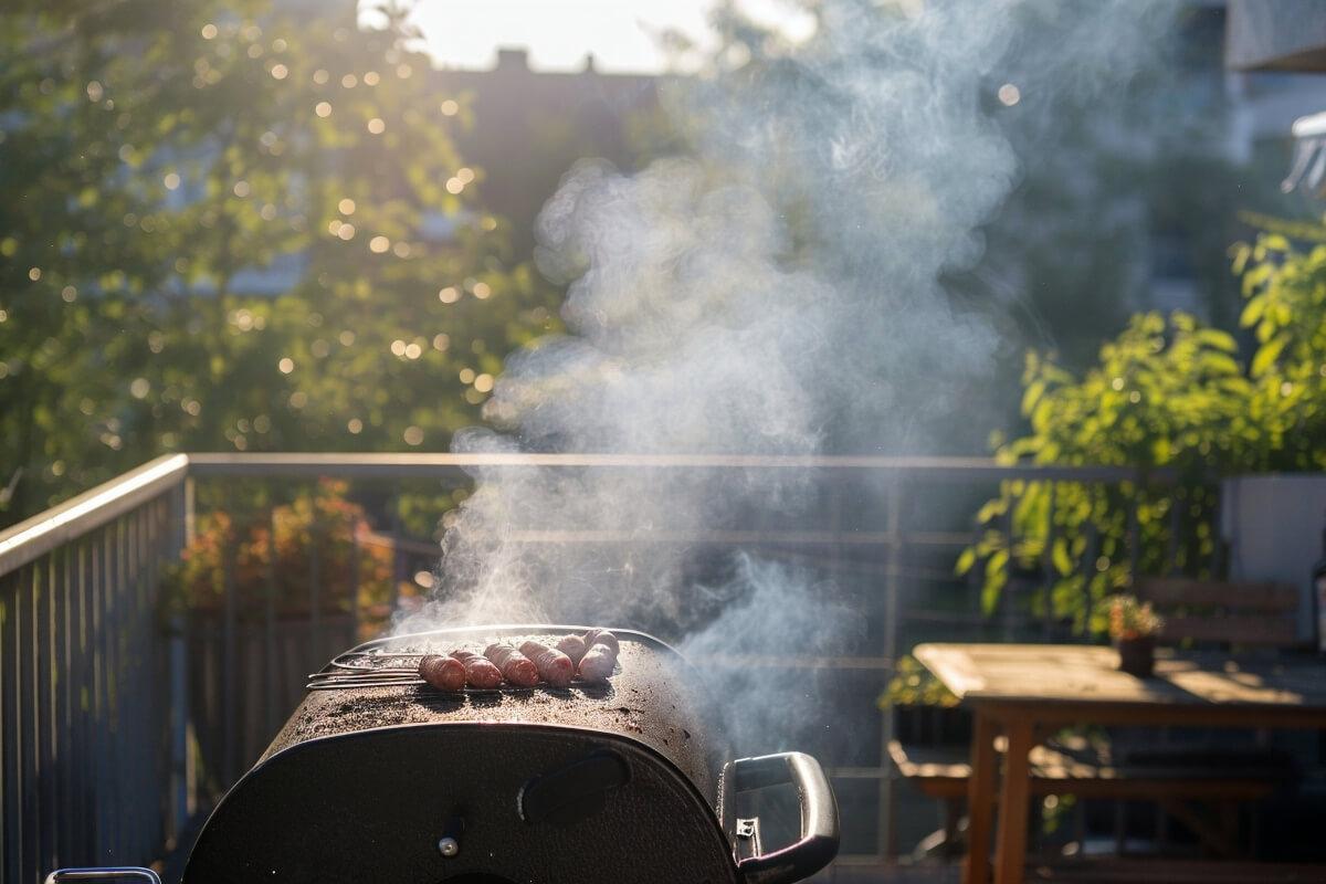Apartment grill cooking on a sunny day.