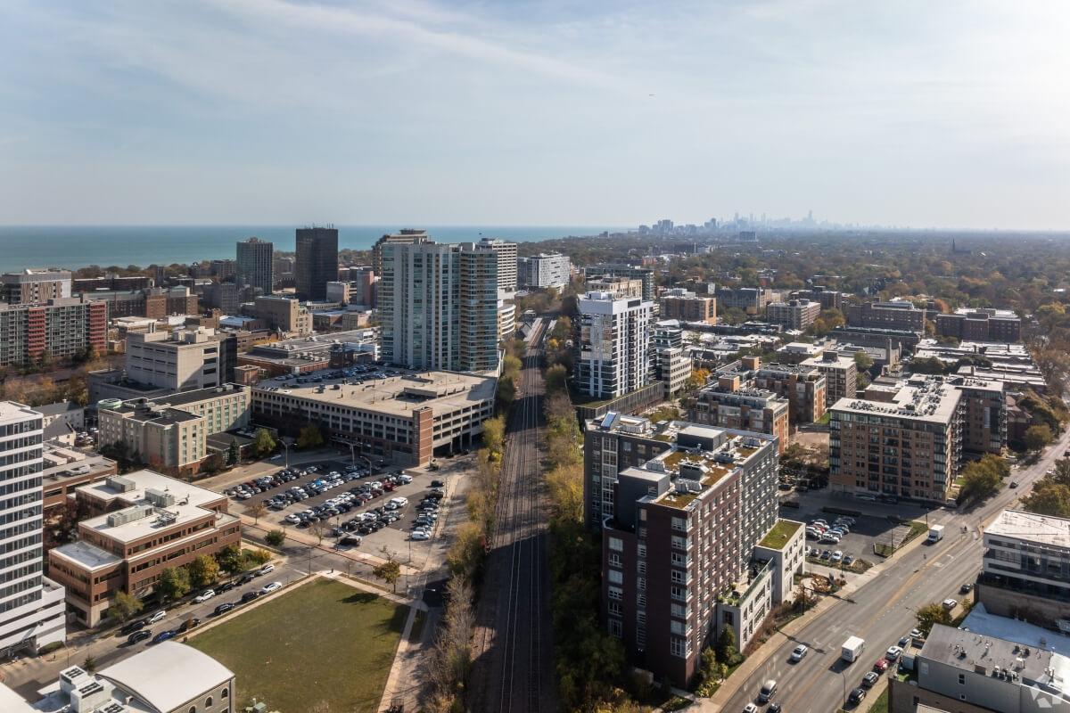 Downtown Chicago can be seen in the background of Chicago suburbs.