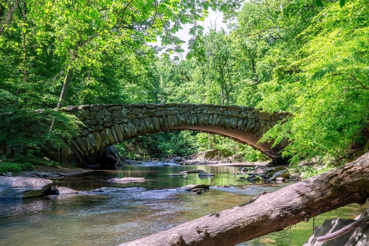 A rustic stone arch bridge over a gently flowing creek, surrounded by lush green trees and foliage.