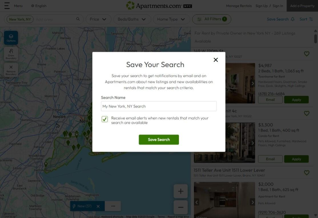A screenshot shows the "Save Your Search" popup on Apartments.com.