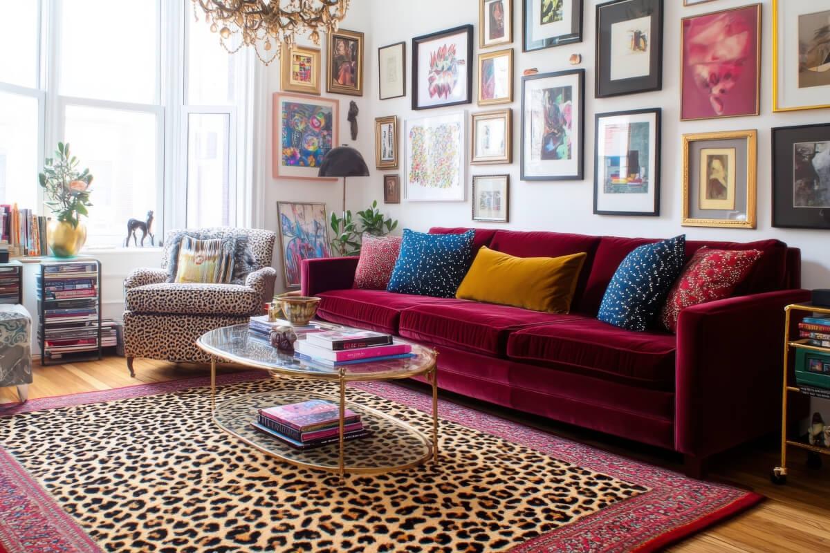A view of a maximalist living room with a fuchsia couch, cheetah print rug, and artwork on the walls.