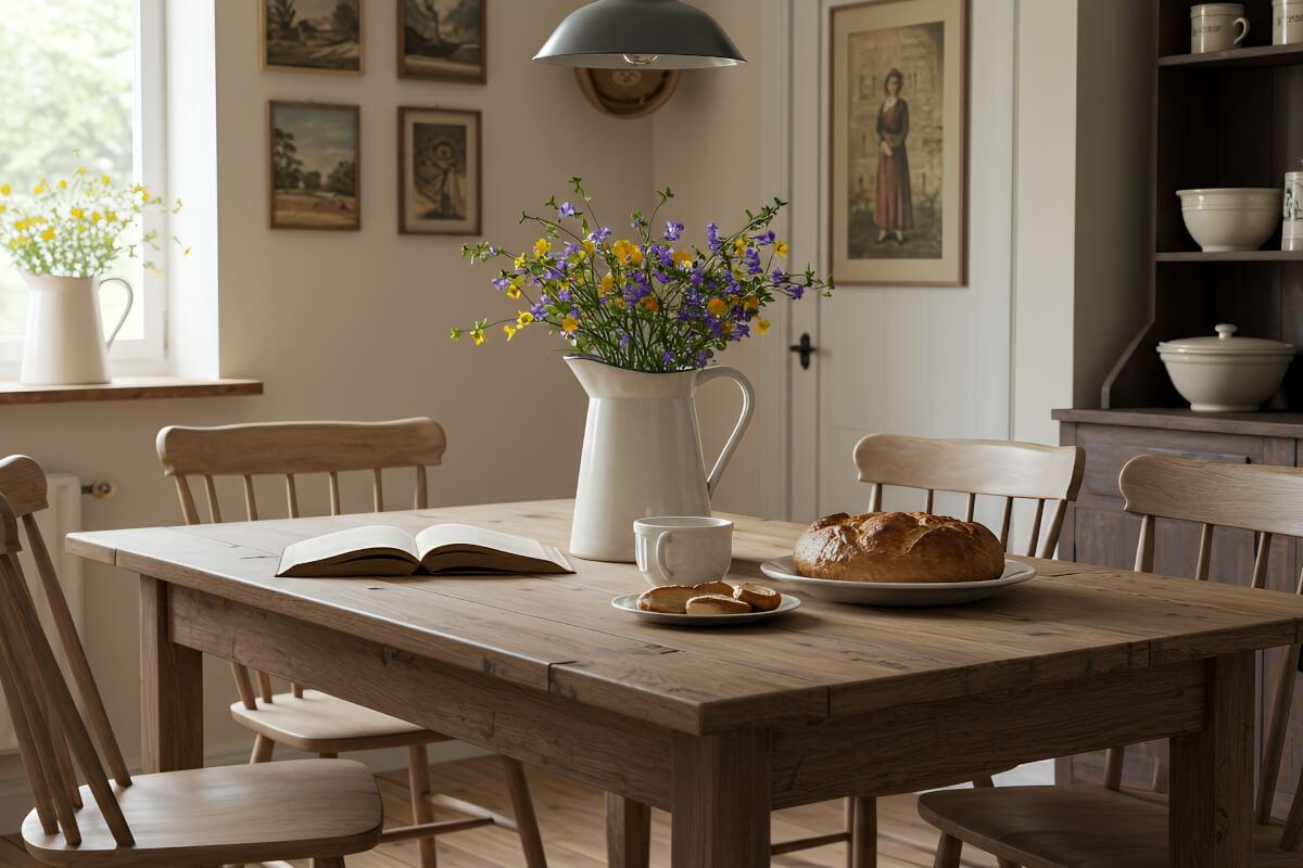 A cottagecore kitchen has a bouquet of flowers on a natural wood dining table.