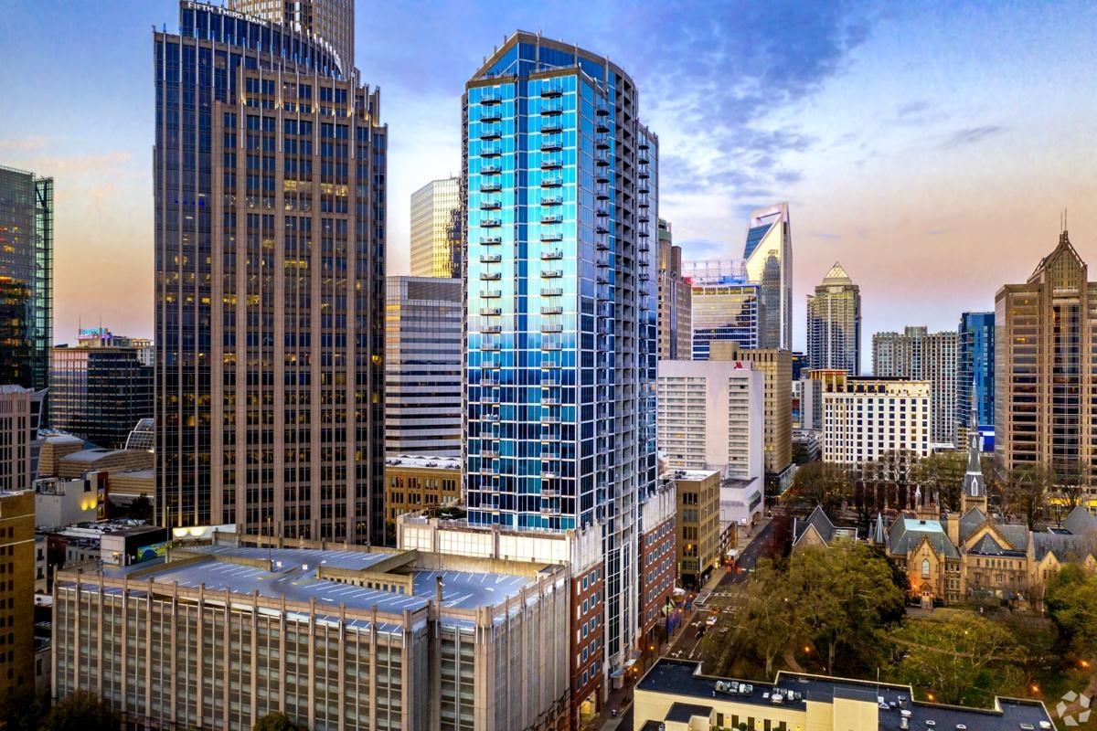 Aerial view of high-rise buildings in downtown Charlotte NC at sunset — showcasing luxury apartment living in the urban core.