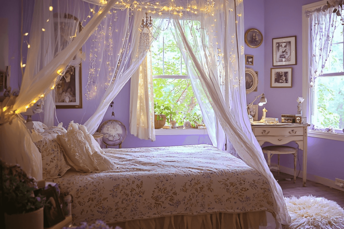 Fairy lights wrapped around a canopy bed in a dreamy bedroom.