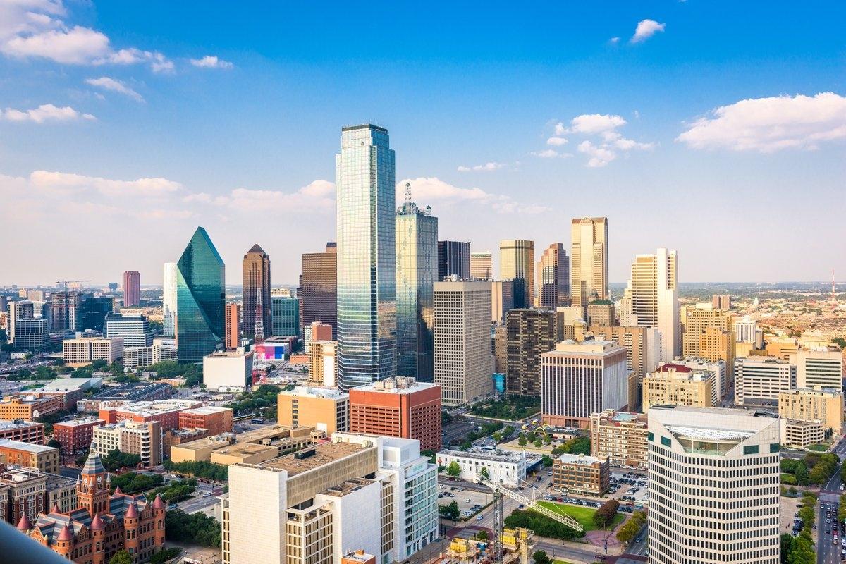 The Dallas skyline on a bright, sunny day